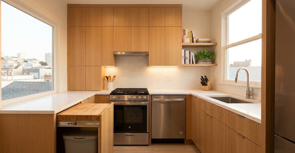 U-shaped small kitchen remodel with light wood cabinets and a pull-out counter space.